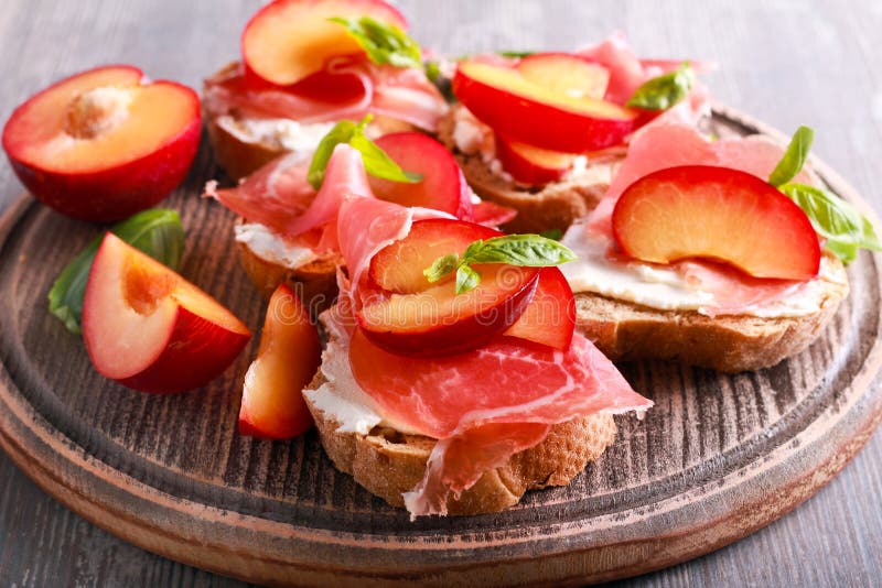 Plum, Prosciutto and Ricotta Bruschetta Stock Image Image of sandwich