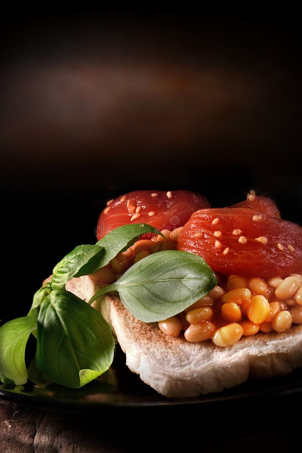 Plum Tomatoes and Beans on Toast Stock Image Image of baked