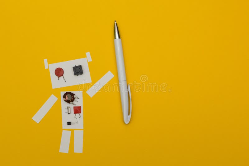 Pluma de tenencia del papel del robot, espacio para el texto stock de ilustración Pluma de tenencia del papel del robot, espacio para el texto stock de ilustración