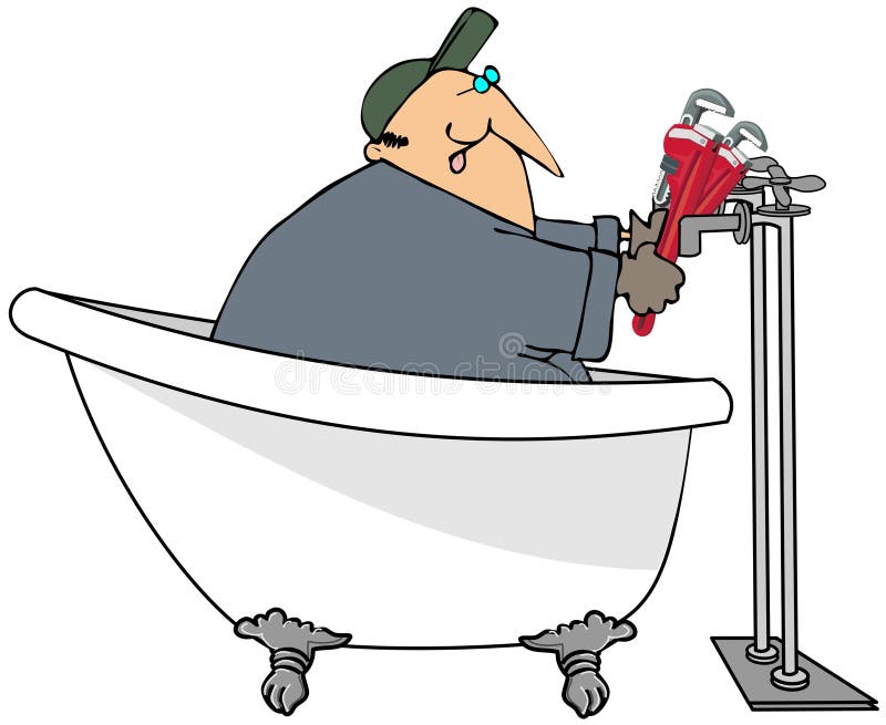 This illustration depicts a plumber in a bathtub working on the taps.