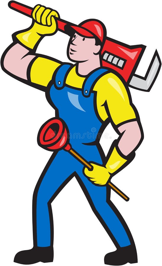 Plumber Carrying Wrench Plunger Cartoon