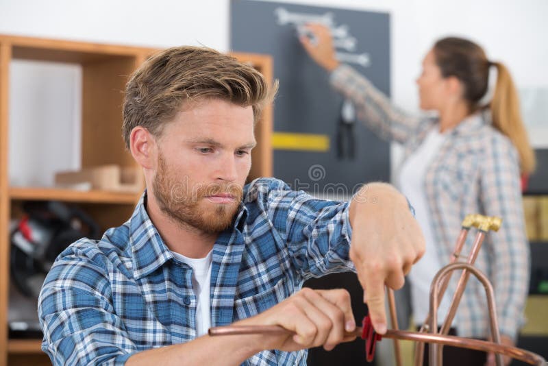 Plumber Cutting Copper Pipe Stock Image Image of industry, connection