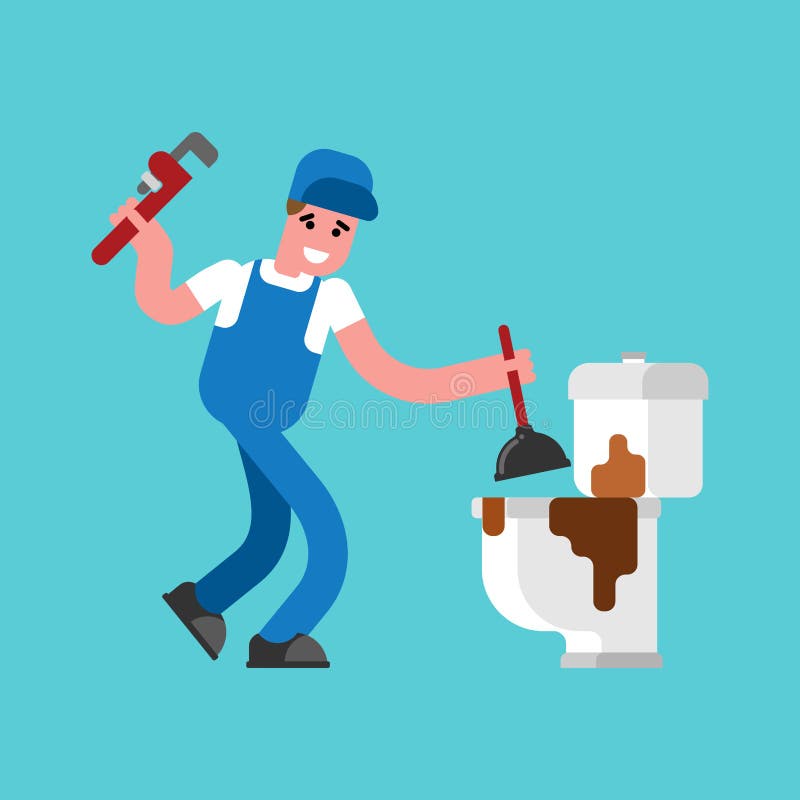 Plumber and dirty toilet. Cleaning pipes. Repair of plumbing. Vector illustration
