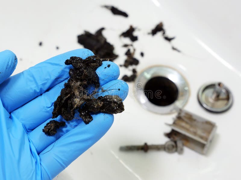 Plumber holding mass of hair and grime from clogged sink royalty free stock images