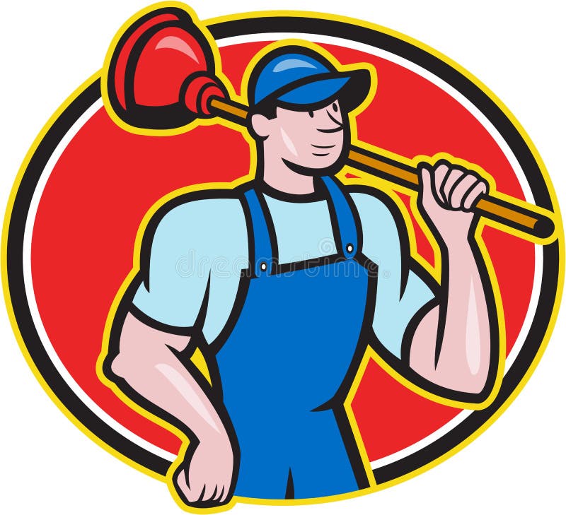 Plumber Holding Plunger Cartoon