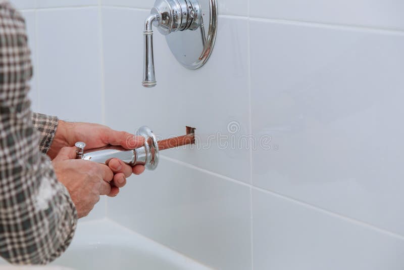 Plumber Working In Faucet With Thermostat Stock Photo Image Of