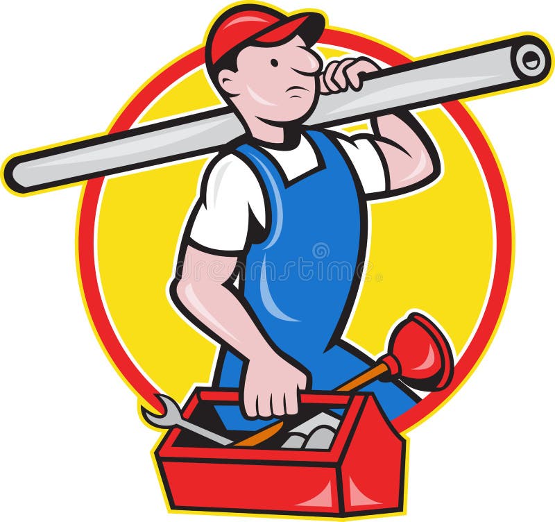 Plumber With Pipe Toolbox Cartoon