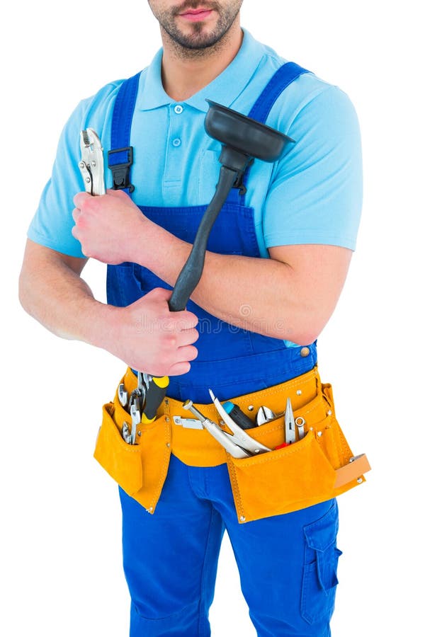 Plumber With Plunger And Tool Belt Stock Image Image of crossed