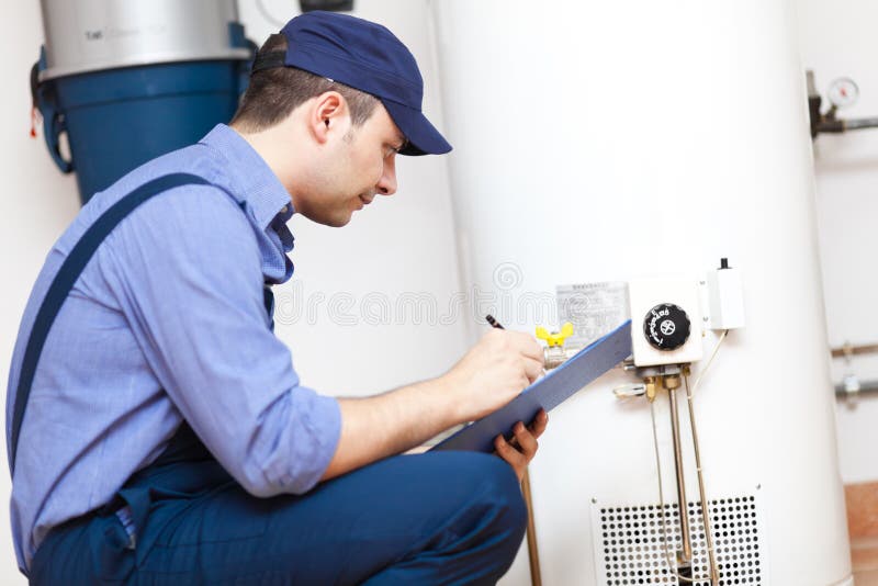 Technician Repairing An Hotwater Heater Stock Image Image of smile
