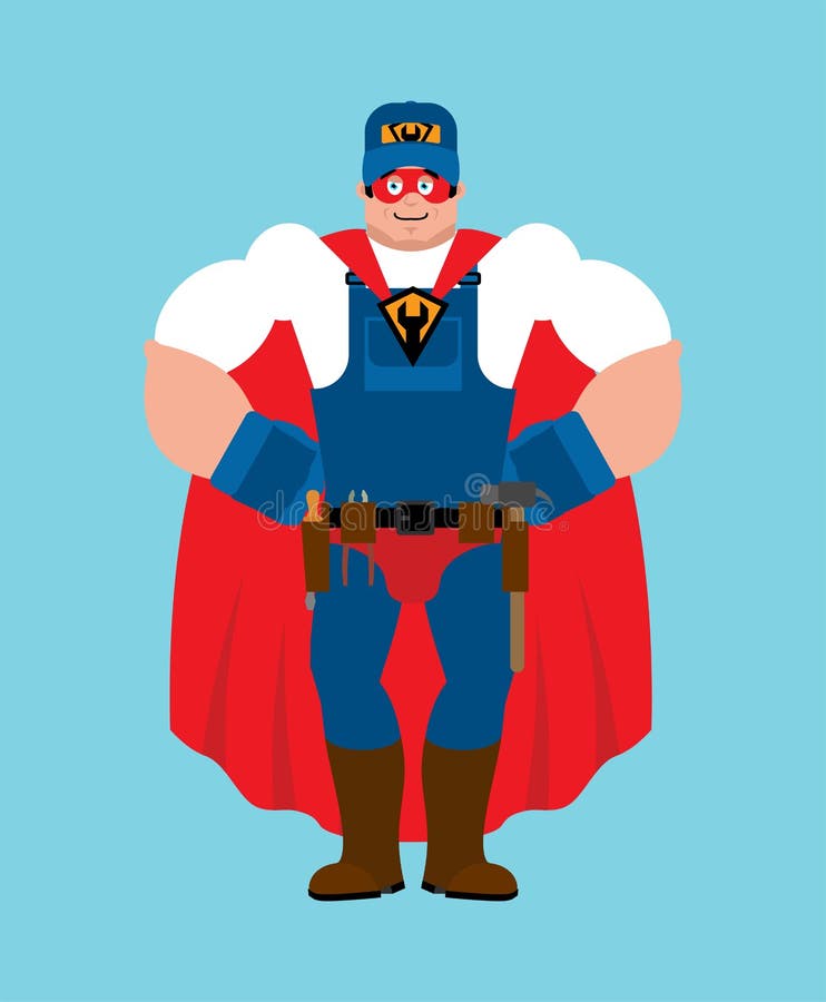 Plumber superhero. Super Fitter in mask and raincoat. Strong Service worker Serviceman royalty free illustration Plumber superhero. Super Fitter in mask and raincoat. Strong Service worker Serviceman royalty free illustration