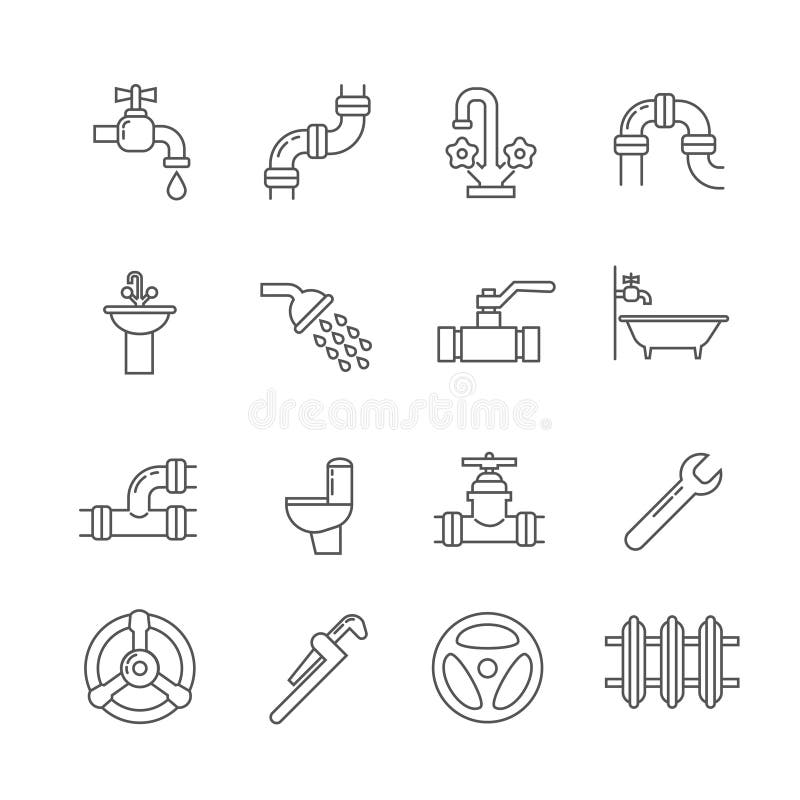 Plumbing, sewerage, pipe, faucet thin line vector icons set stock illustration