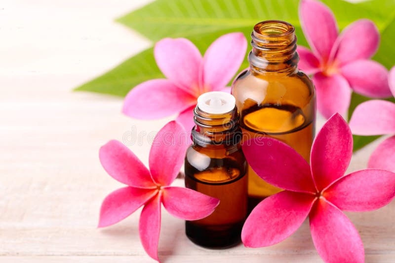 Plumeria Essential Oil Perfume and yellow plumeria flowers on the wooden  table, Stock image