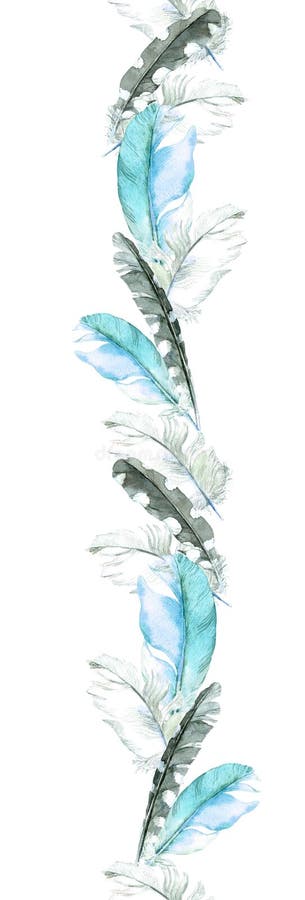 Bird feathers. Repeat border frame. Watercolor strip. Bird feathers. Repeat border frame. Watercolor strip