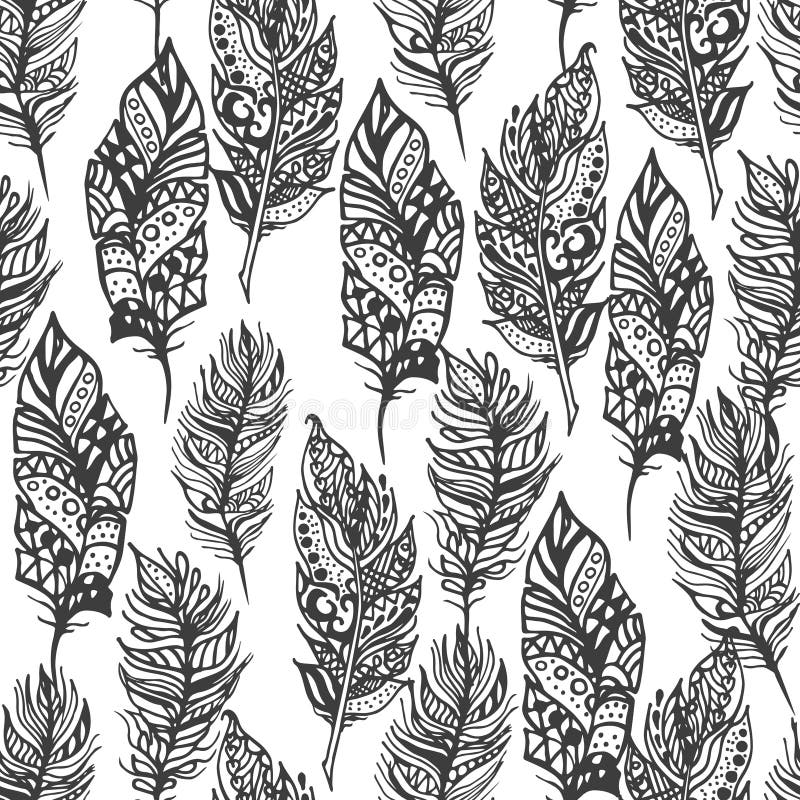 Hand drawn vector zentangle doodle black feathers seamless pattern on white. Ethnic ink openwork tribal feathers, stylized for coloring pages in vintage boho style. Bohemian monochrome fabric print. Hand drawn vector zentangle doodle black feathers seamless pattern on white. Ethnic ink openwork tribal feathers, stylized for coloring pages in vintage boho style. Bohemian monochrome fabric print.