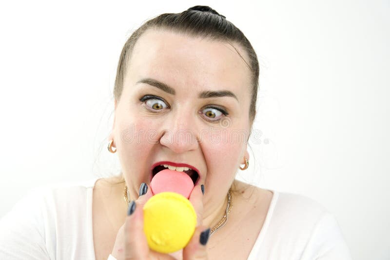 Plump Fat Woman Biting Pink Pasta Laughing Stuck Out Her Tongue Raised Her Eyes Up Interesting