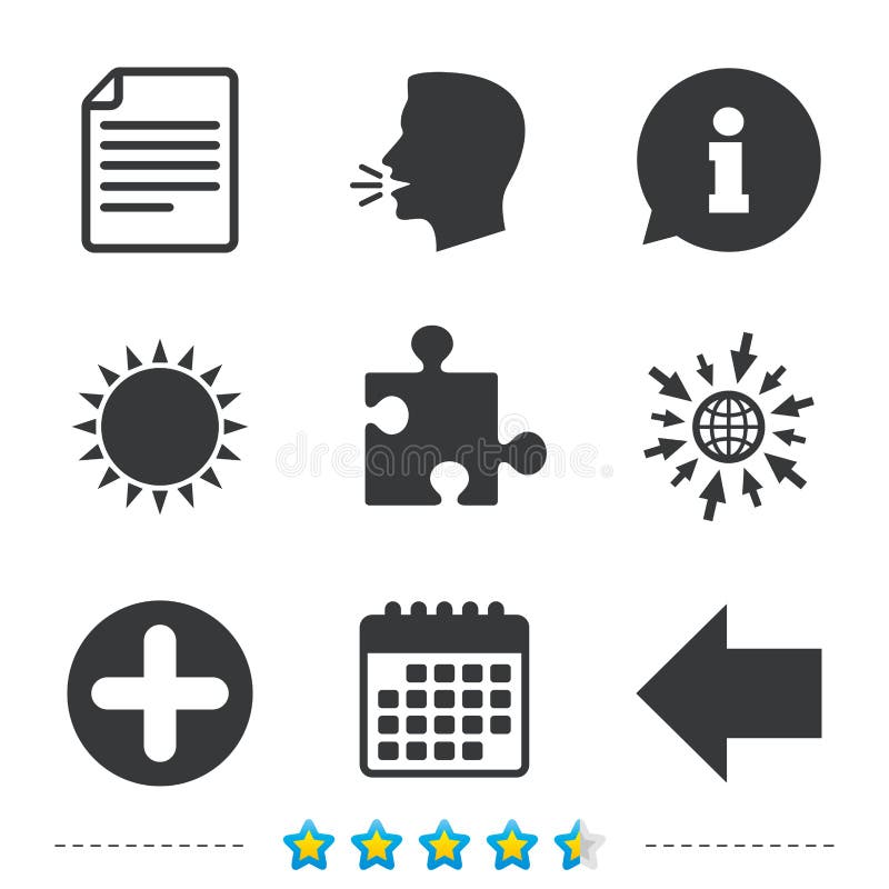 Plus circle and puzzle signs. File, arrow. vector illustration