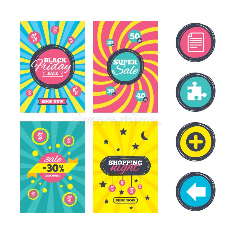 Plus circle and puzzle signs. File, arrow. vector illustration
