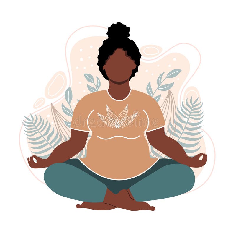 Plus size african american woman meditating and sitting in lotus on the natural background. Attractive overweight girl. Concept