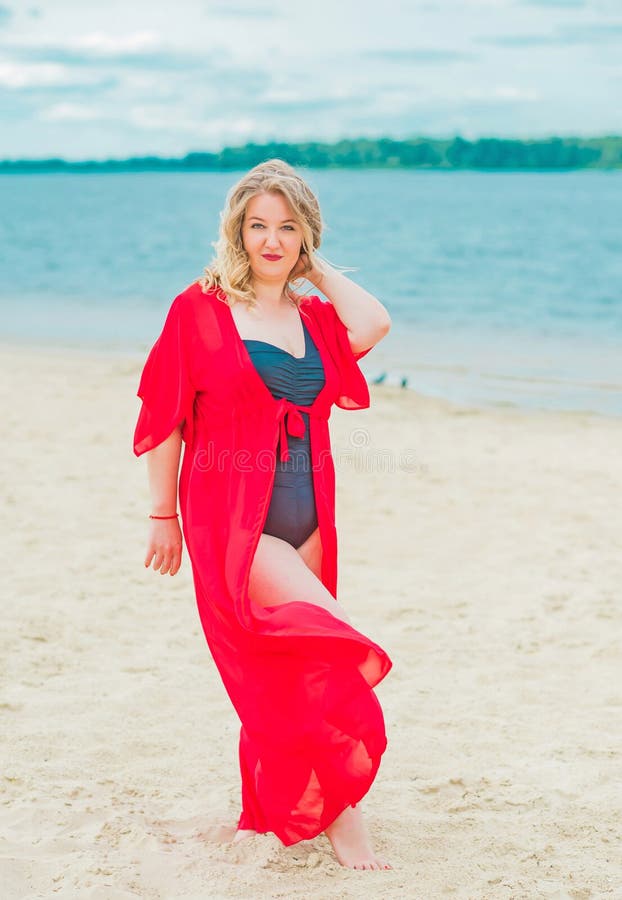 Plus Size Lady at Beach, Lifestyle, Swimwear Xxl Size Stock Photo