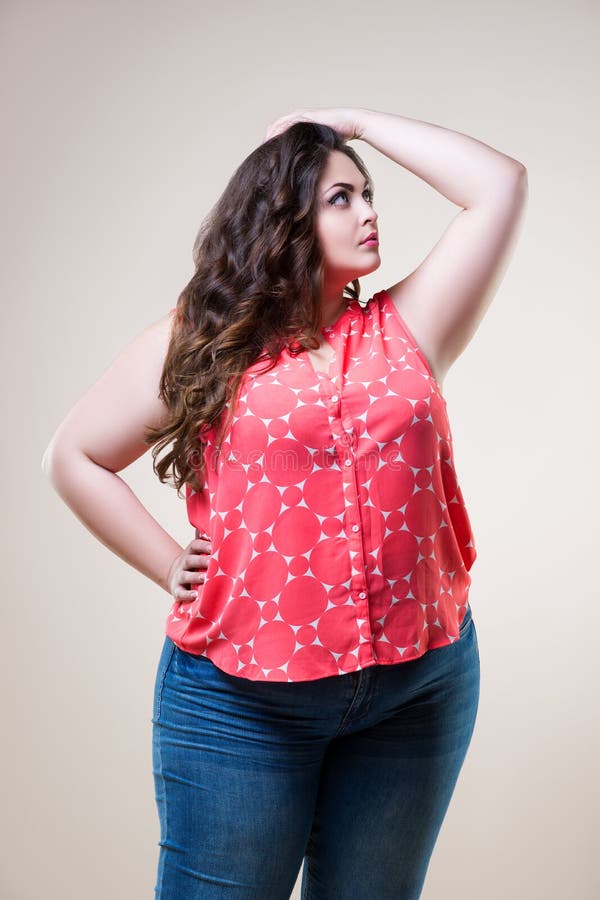 Plus Size Fashion Model in Casual Clothes, Cheerful Fat Woman on Beige ...