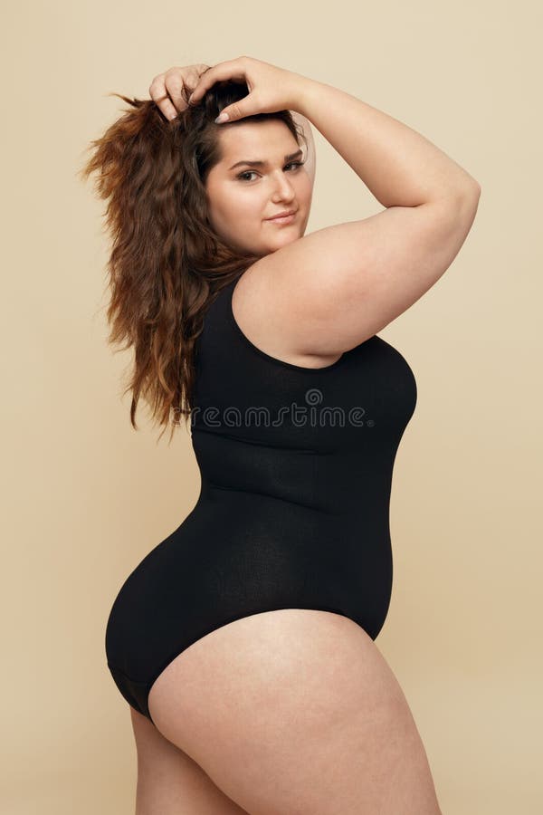 Plus Size Model. Fat Woman in Black Bodysuit Portrait. Brunette Touching  Hair and Looking at Camera Stock Image - Image of fashion, heavy: 183623303