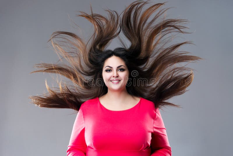 Plus Size Model with Long Hair Blowing in the Wind, Brunette Fat Woman on  Gray Background, Body Positive Concept Stock Image - Image of long,  healthy: 144259411