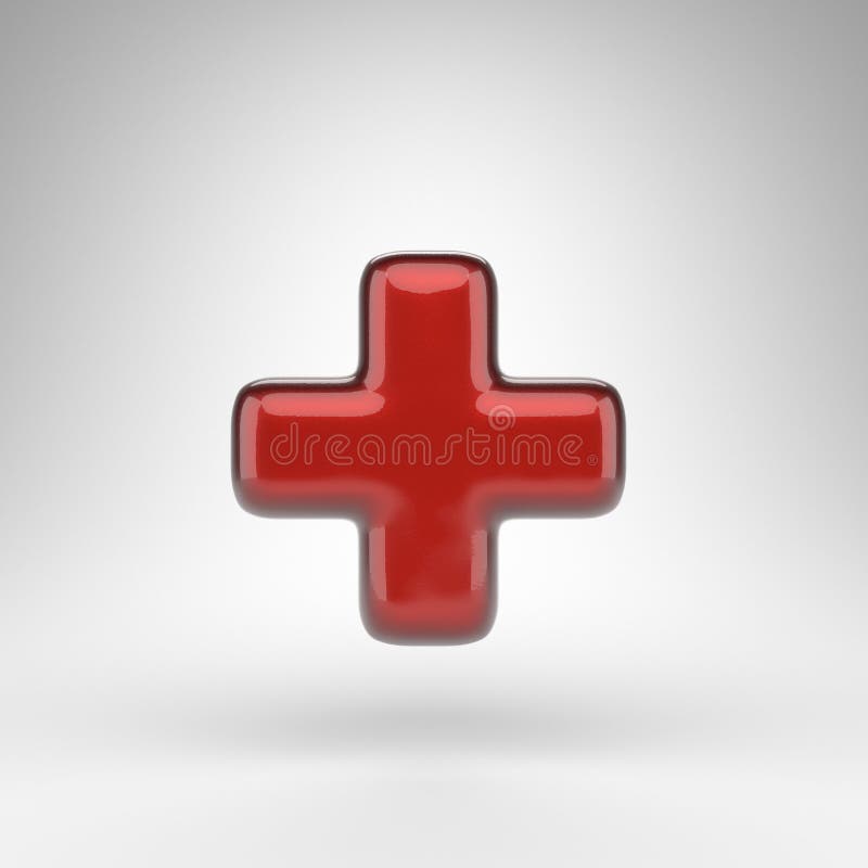 Plus Symbol on White Background. Red Car Paint 3D Sign with Glossy