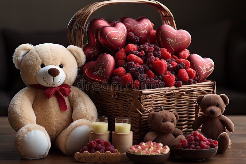 Plush Teddy Bear beside Fruit Bowls and a Bottle of Wine, AIgenerated. Stock Illustration