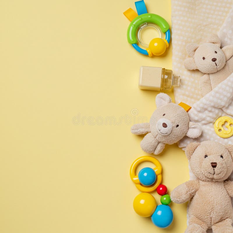 Plush teddy bears, baby rattles, and a small bottle are arranged on a soft yellow vector illustration