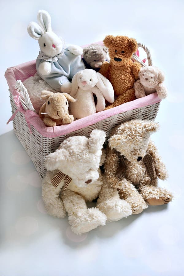 Plush Teddy Bears and Bunnies in Wicker Basket Stock Photo Image of