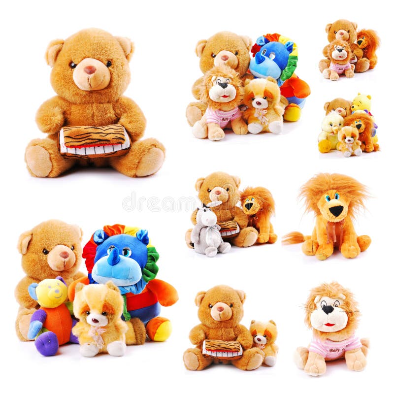 Stuffed Animal Toys in a Christmas Basket Isolated Stock Photo Image
