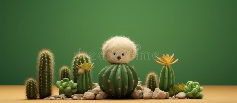 A plush toy rests on a cactus in a whimsical still life scene stock photos