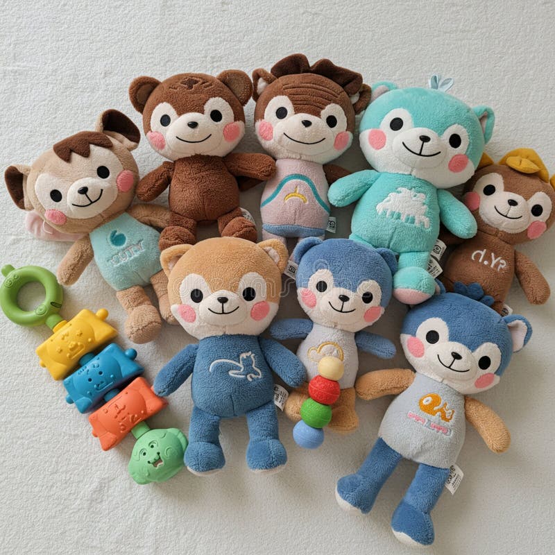 Plush toys featuring characters resembling animals with various colorful outfits and stock illustration