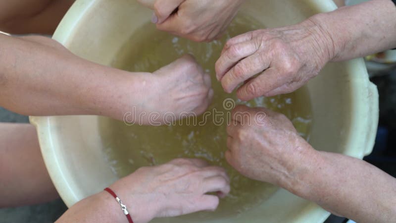 Plusieurs femmes passent des âges différents trempant et frottant doucement dans un bassin d'eau vue du dessus clips vidéos