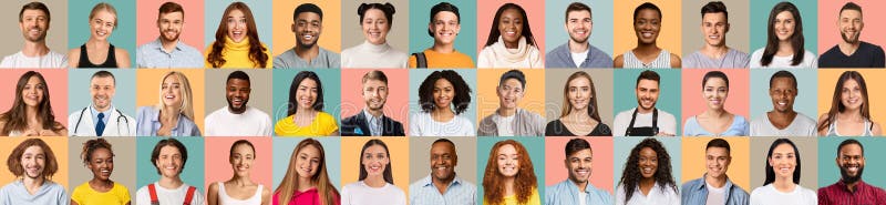 Plusieurs personnes heureuses de différents âges et ethnies qui se posent sur des milieux colorés images libres de droits