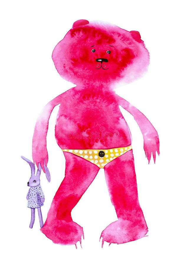 Pluszowy czerwień niedźwiedź stoi zabawkarskiej zając i trzyma ucho Komiczna akwareli ilustracja odizolowywająca na białym tle ilustracji Pluszowy czerwień niedźwiedź stoi zabawkarskiej zając i trzyma ucho Komiczna akwareli ilustracja odizolowywająca na białym tle ilustracji