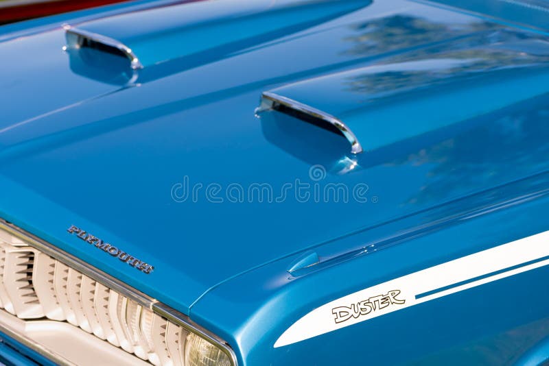 GROSSE POINTE SHORES, MI/USA - SEPTEMBER 19, 2021: Close-up of a 1971 Plymouth Duster 340 Hood Scoop, EyesOn Design car show, Edsel and Eleanor Ford House, near Detroit, Michigan