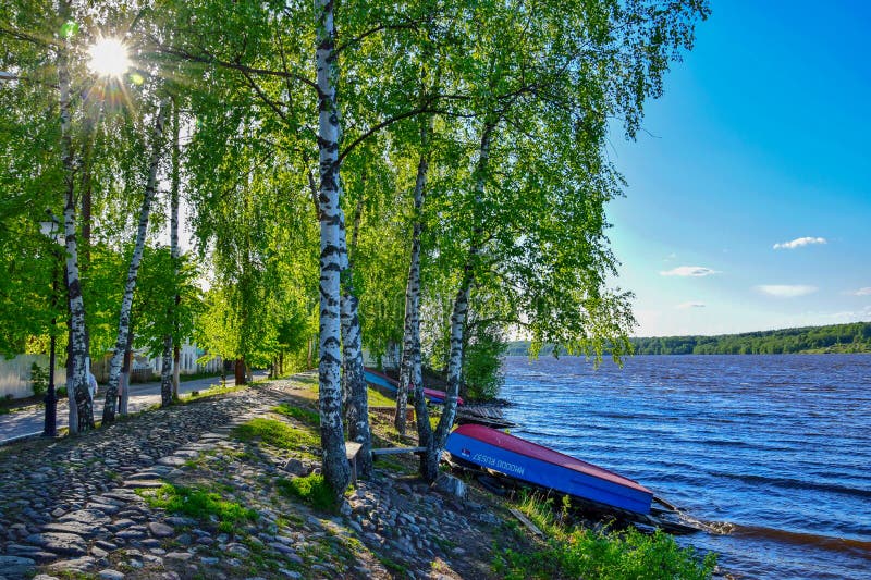Stone sidewalk on the Volga river embankment in Plyos