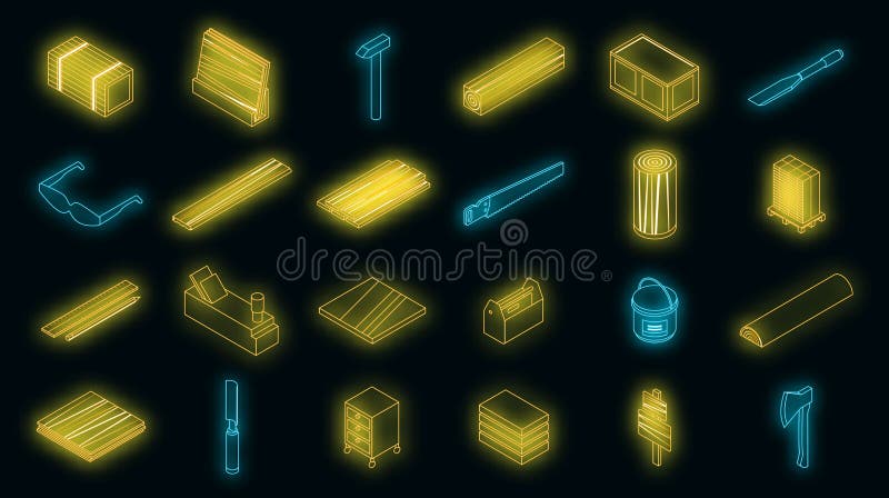 Plywood icons set. Isometric set of plywood vector icons neon color on black. Plywood icons set. Isometric set of plywood vector icons neon color on black