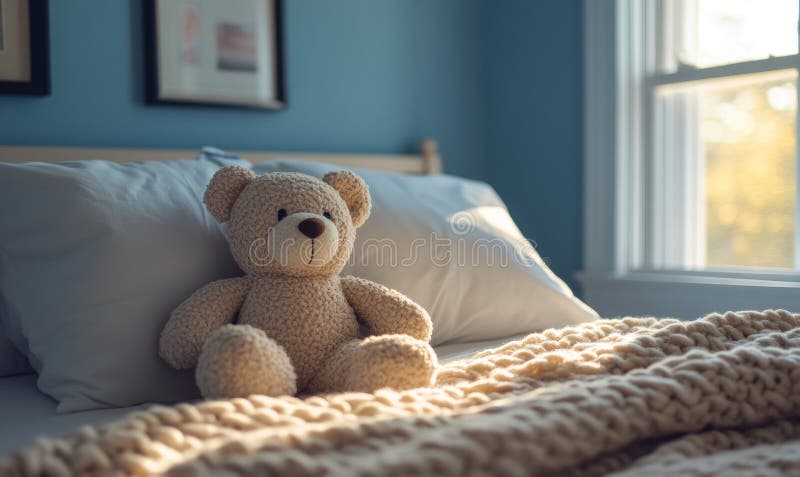 Plüschbär in Kissen versteckt gemütliche Strickdecke weiche blaue Wände stockbilder