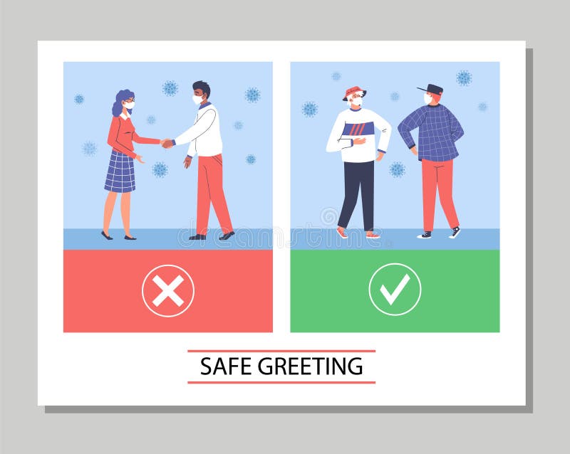 Plăci de întâmpinare sigure cu persoane care salută ilustrarea vectorului plat fără contact. vector illustration