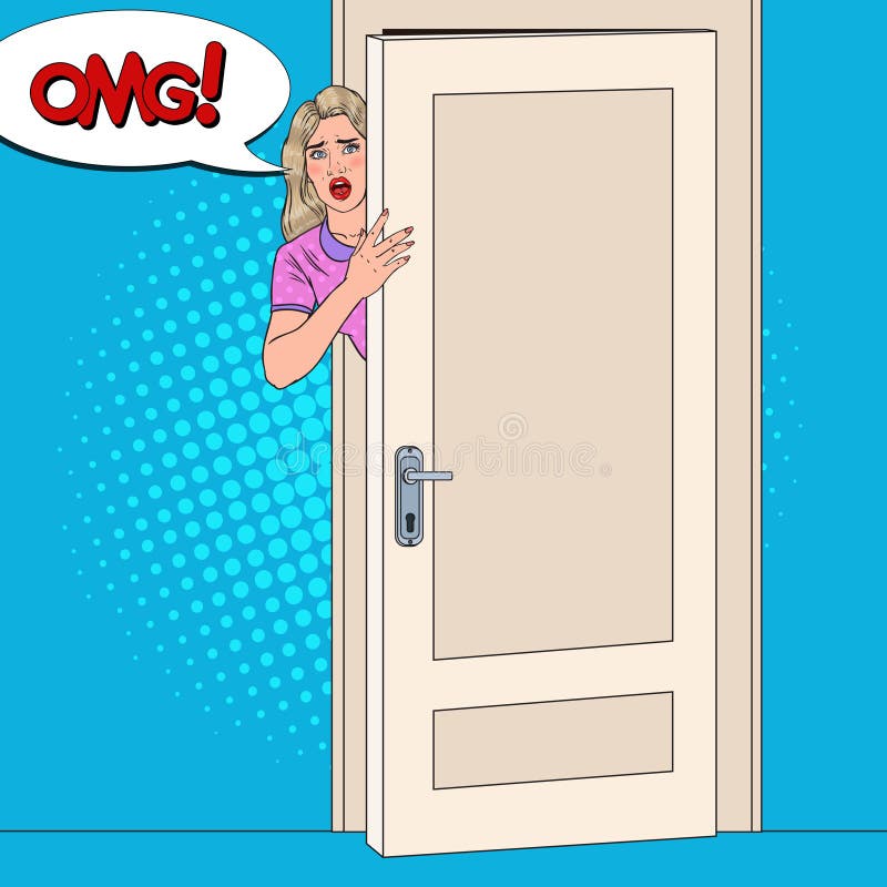 PNF Art Shocked Woman Peeking From atrás de uma porta Menina surpreendida ilustração royalty free PNF Art Shocked Woman Peeking From atrás de uma porta Menina surpreendida ilustração royalty free
