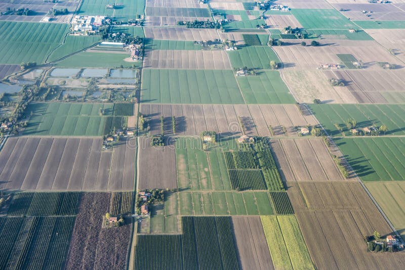 Aerial view agricultural land. Autumn fields at Po Valley near Bologna, Italy. Aerial view agricultural land. Autumn fields at Po Valley near Bologna, Italy