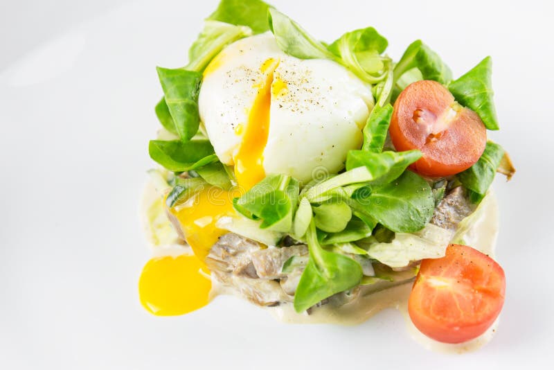 Poached Egg with Herbs and Meat on a White Dish Stock Photo Image of