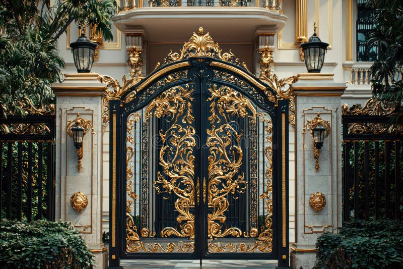 Poartă de fier cu formă brută de aur și negru, cu modele florale complexe, se află în fața unei clădiri luxoase înconjurate de stock photo