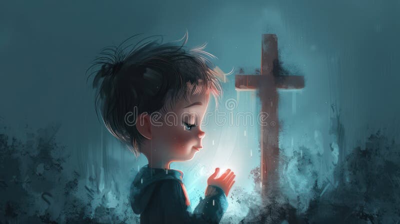 Pobożne dziecko modlące się przed krzyżykiem : ilustracja. Ta piękna ilustracja przedstawia pobożne dziecko klęczące modlitwą przed krzyżykiem. dzieci trzymają ręce z czcią, kłaniając się głową w oddaniu. krzyż jest potężnym symbolem wiary i poświęcenia, a dzieci modlitewne postawy wyrażają głębokie poczucie szacunku i pobożności. ten wizerunek stanowi potężną reprezentację znaczenia wiary i duchowości w naszym życiu i przypomina nam wszystkim o pozostaniu pokornym i wdzięcznym w obliczu wyzwań życia. czy jesteś wierzącym czy nie, ta ilustracja z pewnością zainspiruje i podniesie cię przesłaniem nadziei i oddania.