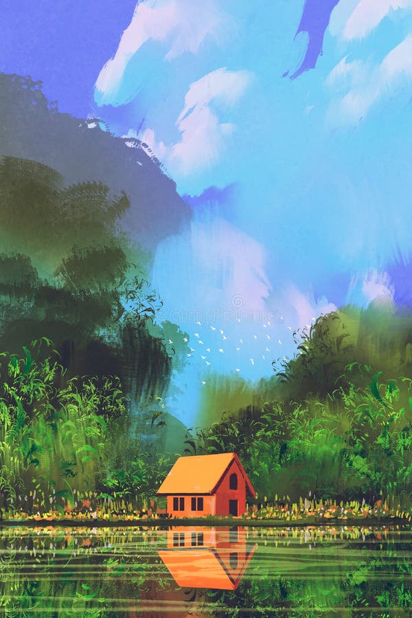 Poca casa arancio in foresta sotto il cielo blu illustrazione vettoriale Poca casa arancio in foresta sotto il cielo blu illustrazione vettoriale