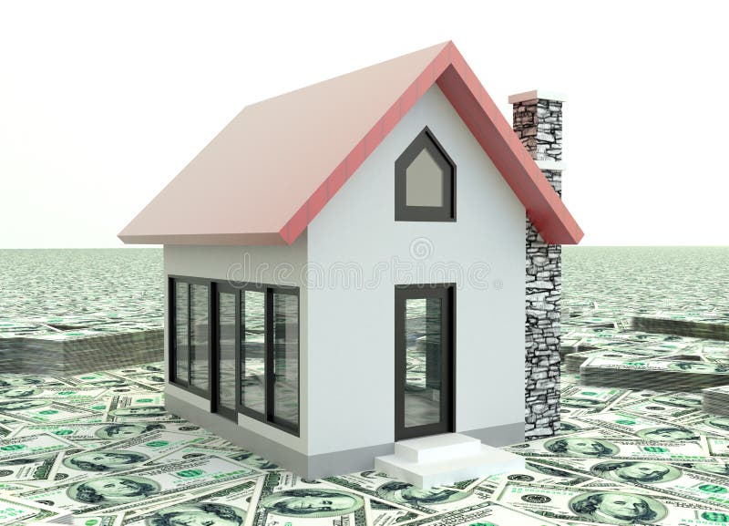 Pocas casas rojas 3D en la pila de dinero en fondo libre illustration Pocas casas rojas 3D en la pila de dinero en fondo libre illustration