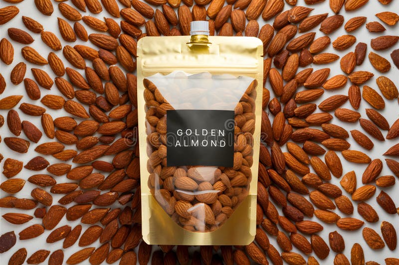 Pochette d'amande dorée amandes saines dans une pochette dorée transparente illustration stock