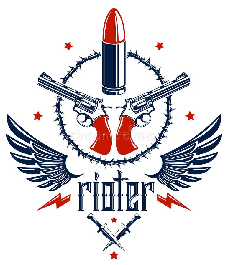 Pociski, pistoletu wektorowy emblemat, logo i tatua? z udzia? ami rewolucja i wojna, r?? ni projekt? w elementy, anarchia i chaosy ilustracji